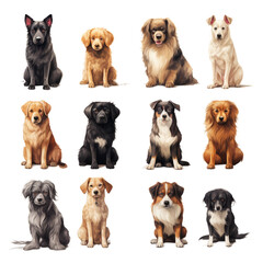 collection of dogs, flat layout, PNG, transparent background 