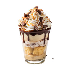 Front view close up of Peanut Butter Cup Explosion milkshake with ingredients kept on the side isolated on a white transparent background