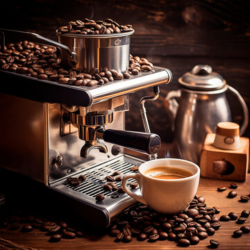 Photo of coffee machine on the table, coffee