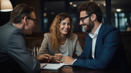 Happy newlyweds meeting with a financial planner to plan for their future together.