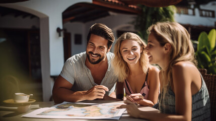 Joyful couple consulting with a travel advisor to plan their dream vacation.