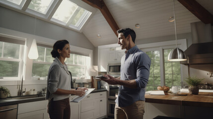 A satisfied homeowner consulting with a contractor about a home improvement project.