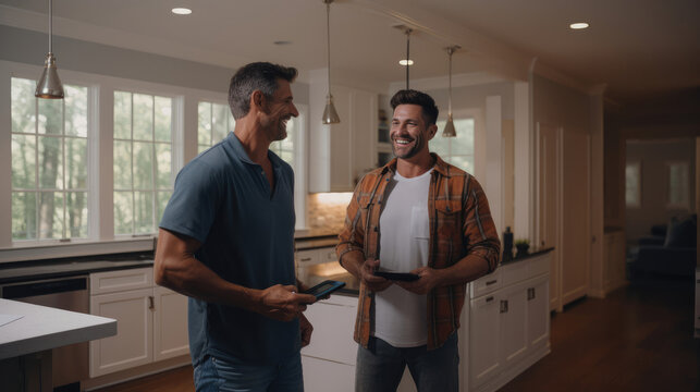 A satisfied homeowner consulting with a contractor about a home improvement project.