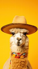 funny Alpaca in a sombrero, looking at the camera isolated on a yellow background. Space for text, vertical image