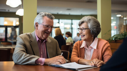 A pleased retiree meeting with a retirement planner to secure their future.