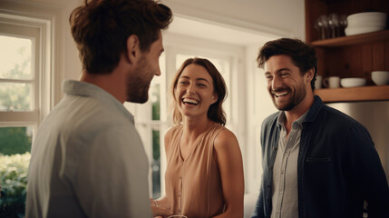 A relieved couple meeting with a real estate agent to find their perfect home.