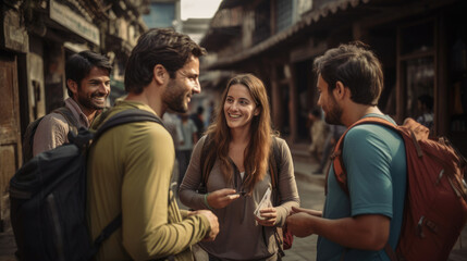 Obraz premium A group of friends meeting with a tour guide to plan an adventurous expedition.