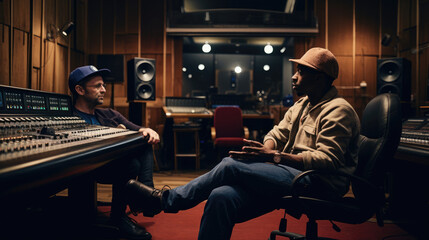 A musician meeting with a music producer to discuss recording and production.