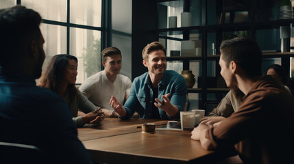 A group of aspiring entrepreneurs meeting with a venture capitalist to pitch their ideas. - obrazy, fototapety, plakaty