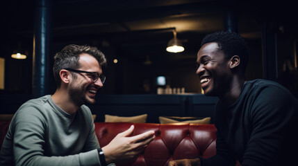 A mentor and mentee enjoying a humorous exchange during a guidance session for a startup.