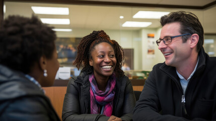 A couple grinning from ear to ear as they meet with an adoption agency representative to begin their journey.