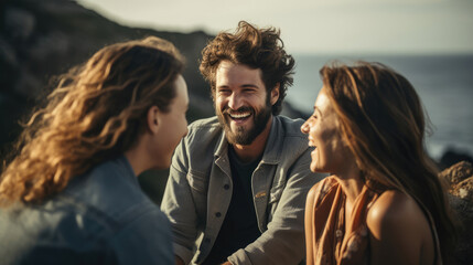 A group of friends chuckling softly while planning a weekend getaway. - obrazy, fototapety, plakaty