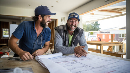 A contented homeowner discussing renovation plans with a contractor both smiling as they envision the transformation. - obrazy, fototapety, plakaty