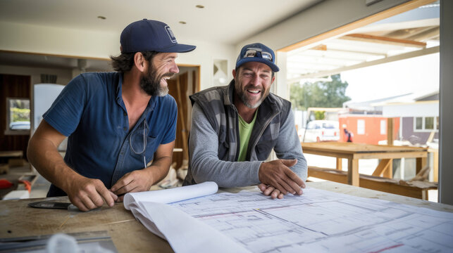 A contented homeowner discussing renovation plans with a contractor both smiling as they envision the transformation.