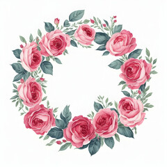 Fototapeta na wymiar Watercolor floral wreath with red roses and green leaves on white background
