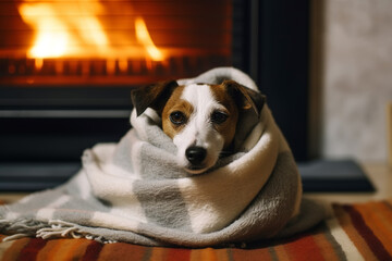 Cute dog is freezing in living room and warming himself under blanket near fireplace