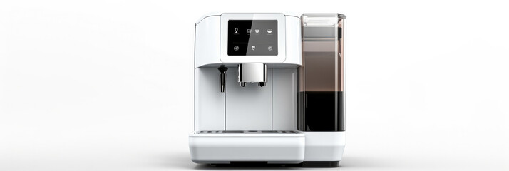 Chic white coffee machine with touch screen controls isolated on a white background 