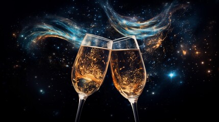 Wine glasses champagne toast with space galaxy background, amazing night starry background, dark turquoise and light gold, swirling vortexes - obrazy, fototapety, plakaty