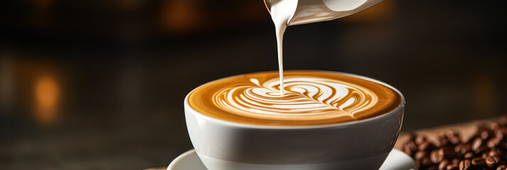 Barista pouring a perfect milk foam rosetta latte art isolated on a white background 