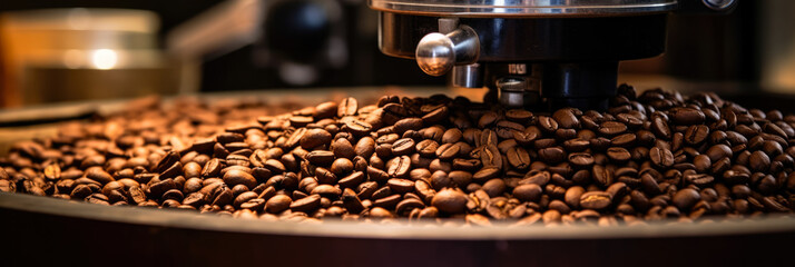 Close-up of fresh coffee beans and grinder mechanism in action  - obrazy, fototapety, plakaty