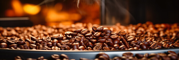 Coffee roasting process in an industrial machine background with empty space for text 