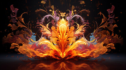 Ephemeral dance of flames, captured in a 3D dynamic sculpture, radiant colors, intricate fractal patterns