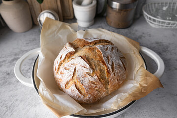 Artisan sourdough bread loaf. Healthy homemade pastry at home flour and whole grain food.