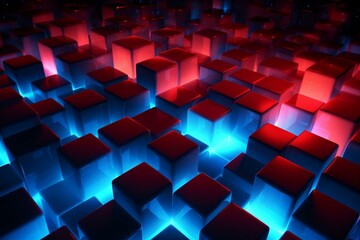 Illustration of glowing abstract background with blue and red cubes. Generative AI