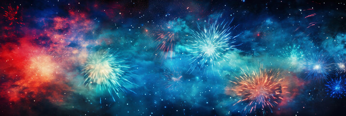 Fototapeta na wymiar Fireworks display, abstract, color explosion in the night sky, palette of blues, greens, and reds