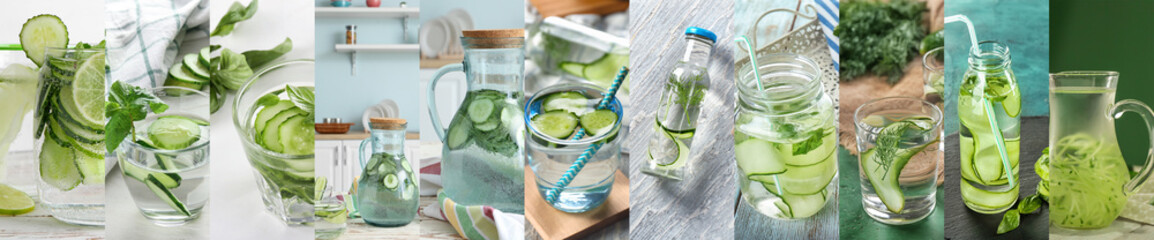 Collage with fresh cucumber infused water