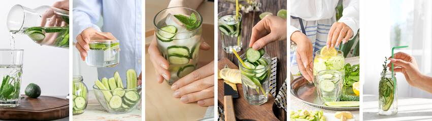 Collage with woman making fresh cucumber infused water - obrazy, fototapety, plakaty