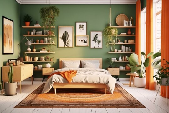 Cozy Green And Orange Bedroom With White Frame, Natural Furniture, And Black Table. Modern Boho Style. High-quality Illustration. Generative AI