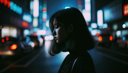 Profile of a depressed girl standing alone on a city street at night  with ambient neon lights