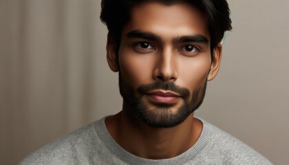 South Asian bearded dark skin and black hair  handsome man looking at camera against a neutral background - obrazy, fototapety, plakaty