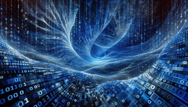 Digital technology surreal blue glowing background capturing a binary computer data and swirling data flow concept, with cascades of blue binary data creating intricate patterns
