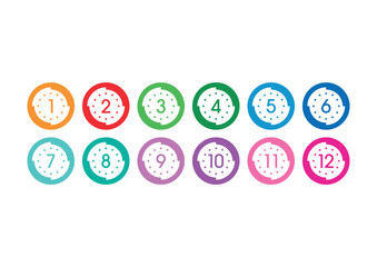 numbers 1-12 in colored circles. numbers 1-12 for education, business. numbers 1-12 with stars on white background