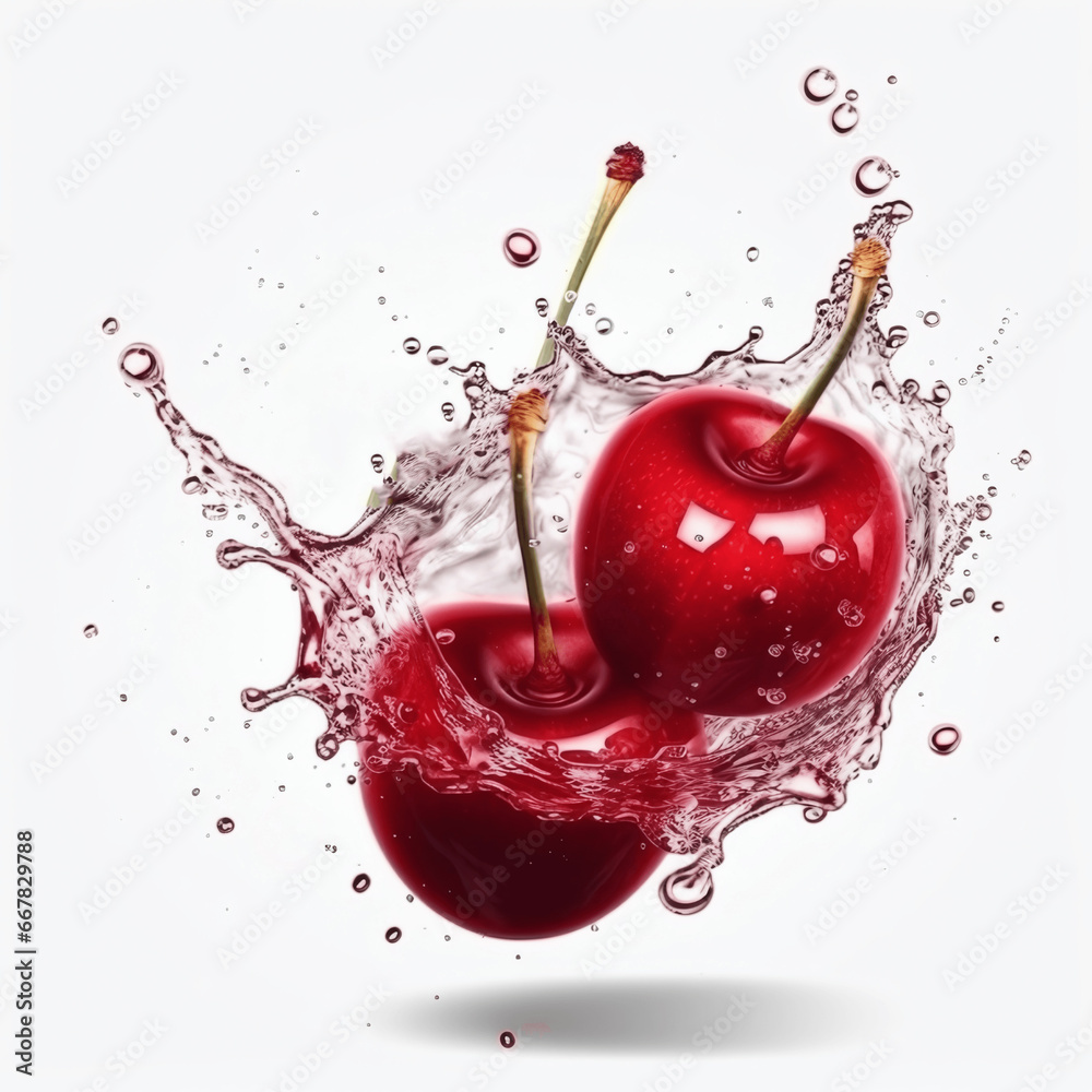 Poster Juicy, ripe cherries in splashes of water, cherry white background