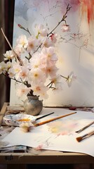 Blossom art. A parchment with a delicate real flowers, art tools, and splashes of paint. Glamorous floral design art. Vertical orientation. 