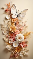 Butterfly garden. An arrangement featuring parchment, wildflowers, and delicate butterfly replicas. Wallpaper texture, celebration card, floral design. Vertical orientation. 