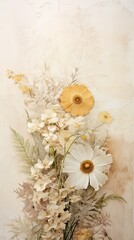 Fototapeta na wymiar Ethereal Floral Parchment. A magical top-view of aged parchment surrounded by a delicate arrangement of wildflowers and soft ferns. Vertical oriented. 