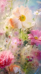Garden wedding secrets. A close-up shot featuring an array of garden flowers with dewdrops. Jewellery, diamond, gem, bridal, fashion, celebration floral card design. Vertical orientation. 