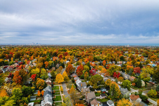 Cleveland aka "Forest City" in the fall from the air, downtown and the lake just in view