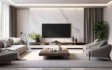 A modern living room with flat screen television and modern furniture