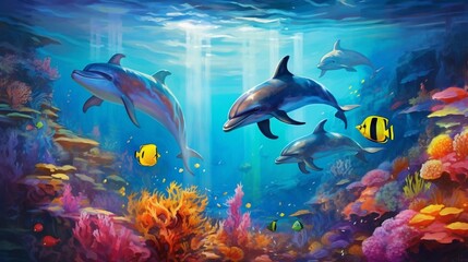 Group of dolphins in colorful underwater