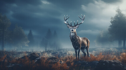 Enigmatic Stag Calls in Mist-Laden Meadow Wildlife Photography