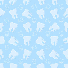 Seamless pattern with cute teeth on blue background.Fabric design, textile, wrapping paper, background, postcards. Vector decorative illustration for dental design.