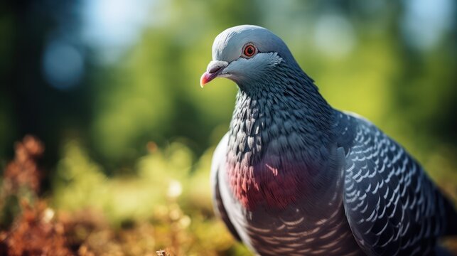 Close-up photo of a blue dove or Pigeon with a beautifully blurred background