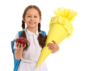 Little girl with backpack, yellow school cone and fresh apple isolated on white background