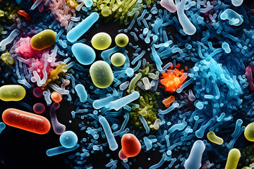 cells, bacteria and microorganisms magnified under a microscope