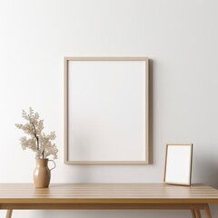 Fototapeta na wymiar Wall art empty picture frame mockup on wooden desk, wall, table. Vase with olive branches, cactus. Elegant working space, home office concept.